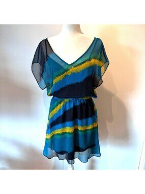 Express Sheer Flowy Flutter Sleeve Dress With Elastic Waist Size M Blue & Yellow